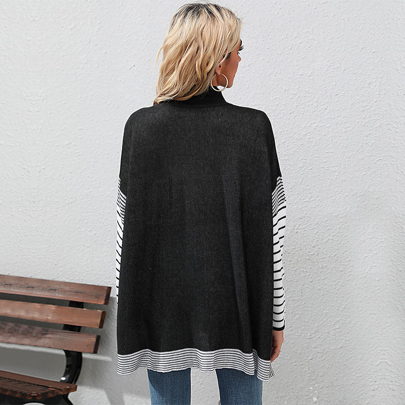 Damen Oversize Strickpullover mit Stehkragen und gestreiften Raglanärmeln Echoarchiv