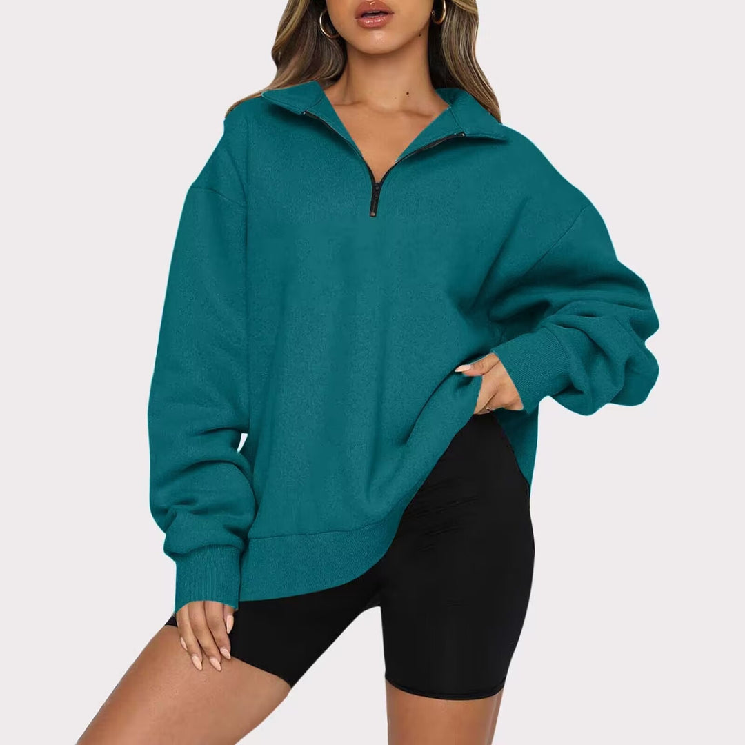 Damen oversized Sweatshirt mit halbem Reißverschluss, weichem Fleece-Innenfutter und Kängurutasche – Avérine