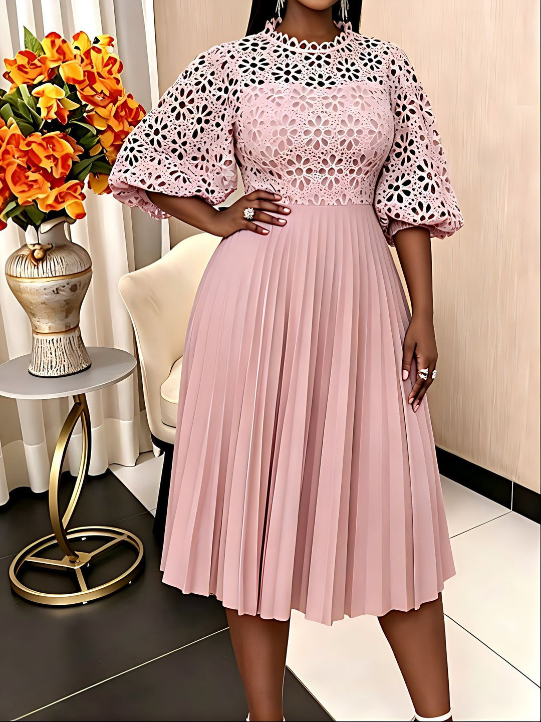 Damen elegantes Midikleid mit Spitzenoberteil und plissiertem Rock Echo Archiv