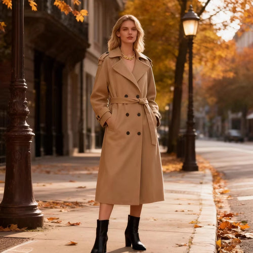 Damen Langer Doppelreiher-Trenchcoat mit Bindegürtel und Schulterriegeln Echo Archiv