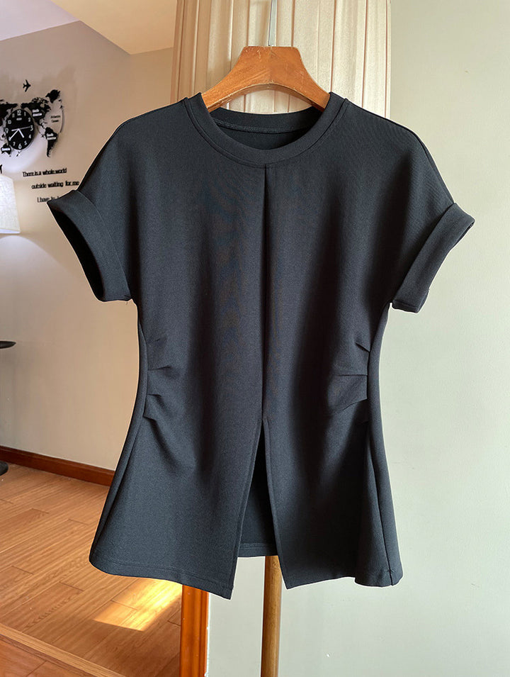 Damen Kurzärmeliges Strukturjersey-Shirt mit Taillenraffungen und Frontschlitz Echo Archiv
