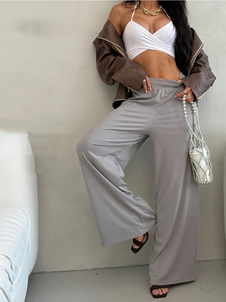 Damen weite High-Waist Palazzo-Hose aus geripptem Jersey mit elastischem Bund – Avélisse