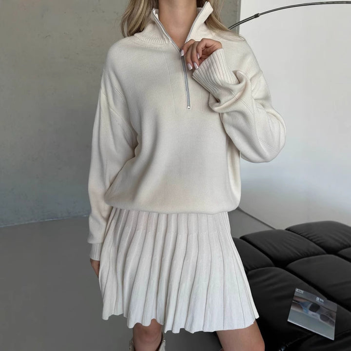 Damen gemütliches Strick-Set mit Reißverschluss-Pullover und plissiertem Rock – Élanora