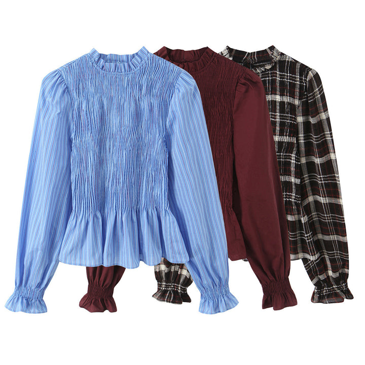 Damen Gestreifte Bluse mit Smok-Front, Stehkragen und Volant-Saum Echo Archiv