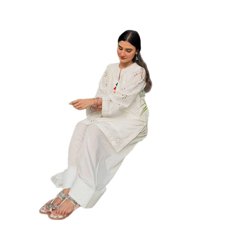 Damen Lockertes Tunika-Set mit Broderie Anglaise und weiten Pluderhosen Echoarchiv