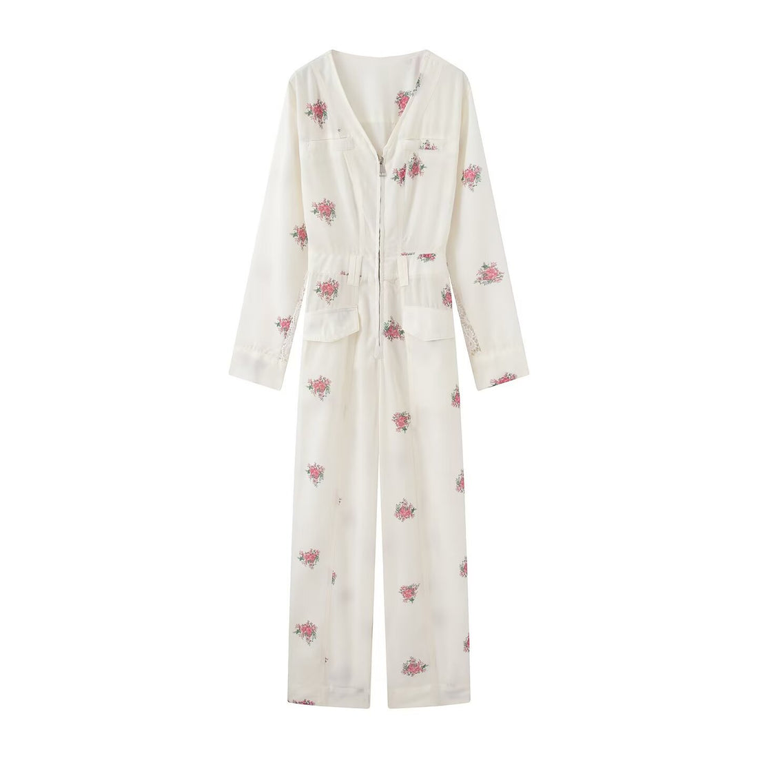 Damen Weicher Viskose-Overall mit floralem Print, Reißverschluss und weitem Bein Echoarchiv