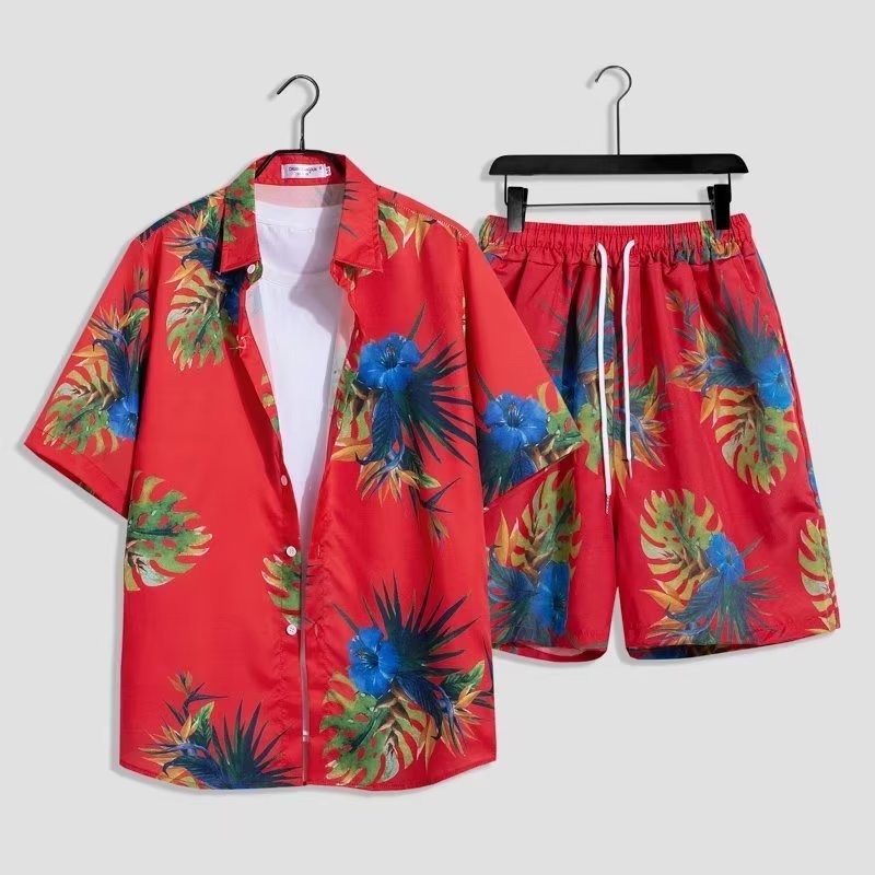Herren sommerliches Kurzarm-Hemd und Badeshorts-Set mit tropischem Muster Echoarchiv