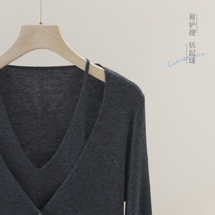 Damen feiner Rippstrick-Cardigan mit integriertem Spaghettitop und tiefem V-Ausschnitt Echo Archiv