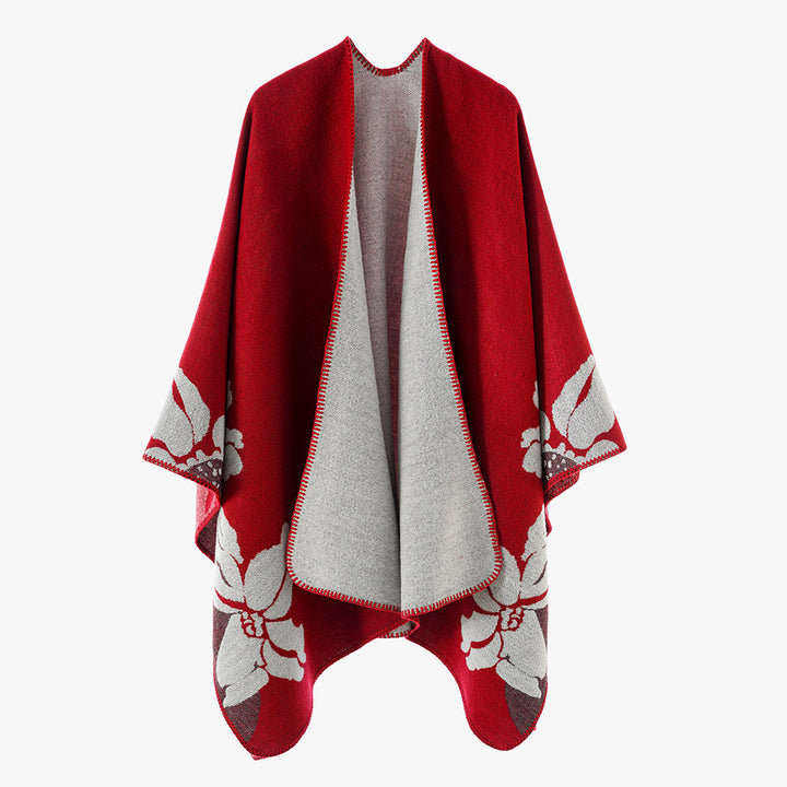 Damen Reversible Wollmix-Poncho mit floralem Jacquardmuster – Avérine