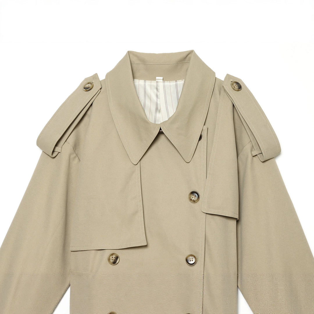 Damen kurzgeschnittene Cape-Trenchjacke mit doppelreihiger Knopfleiste und Taillengürtel – Célinea