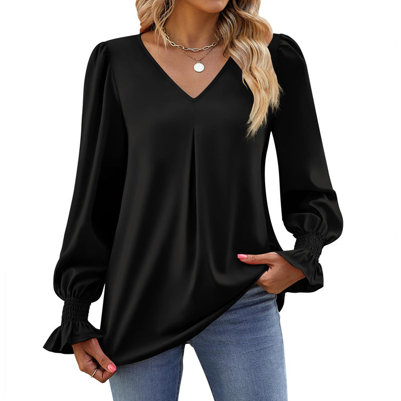 Damen V-Ausschnitt Bluse mit Kellerfalte und gerafften Manschetten – Avérine