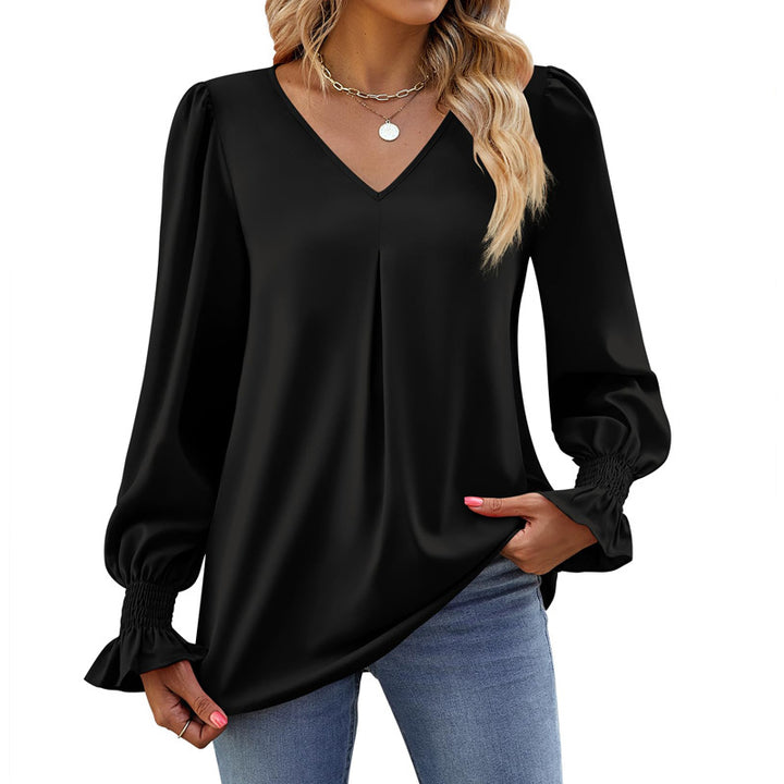 Damen V-Ausschnitt Bluse mit Kellerfalte und gerafften Manschetten – Avérine
