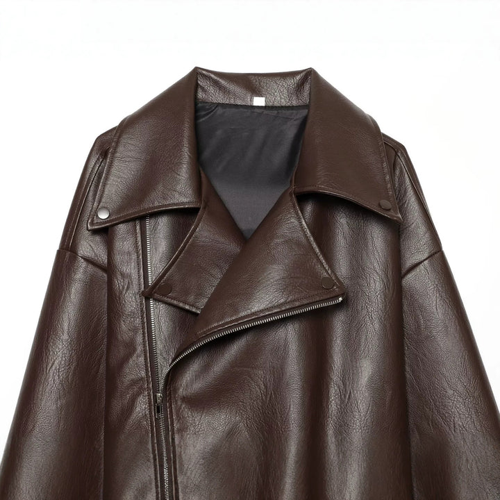 Damen Oversized Bikerjacke aus Kunstleder mit taillierendem Gürtel und asymmetrischem Reißverschluss Echo Archiv