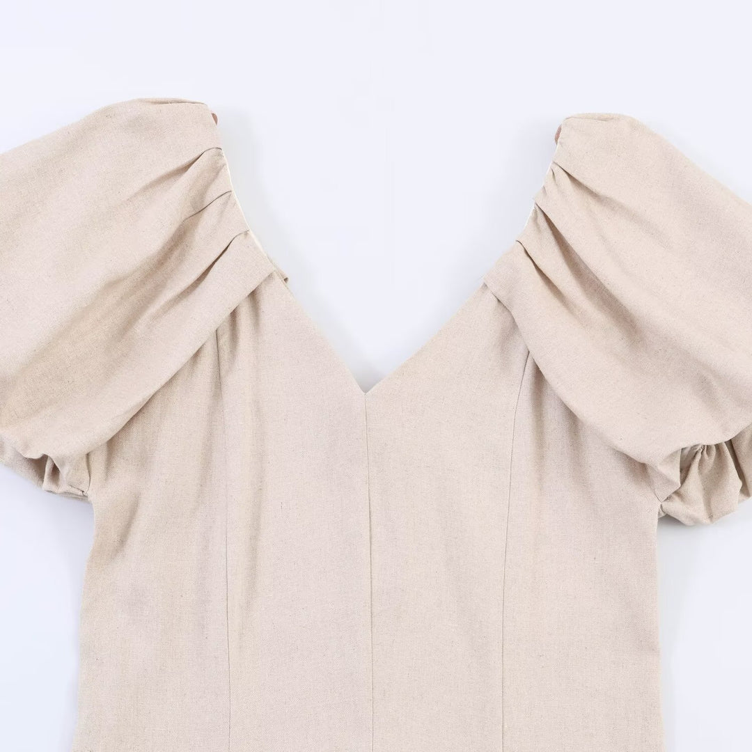 Damen V-Ausschnitt Kleid mit voluminösen Puffärmeln und schwingendem Rock Echo Archiv