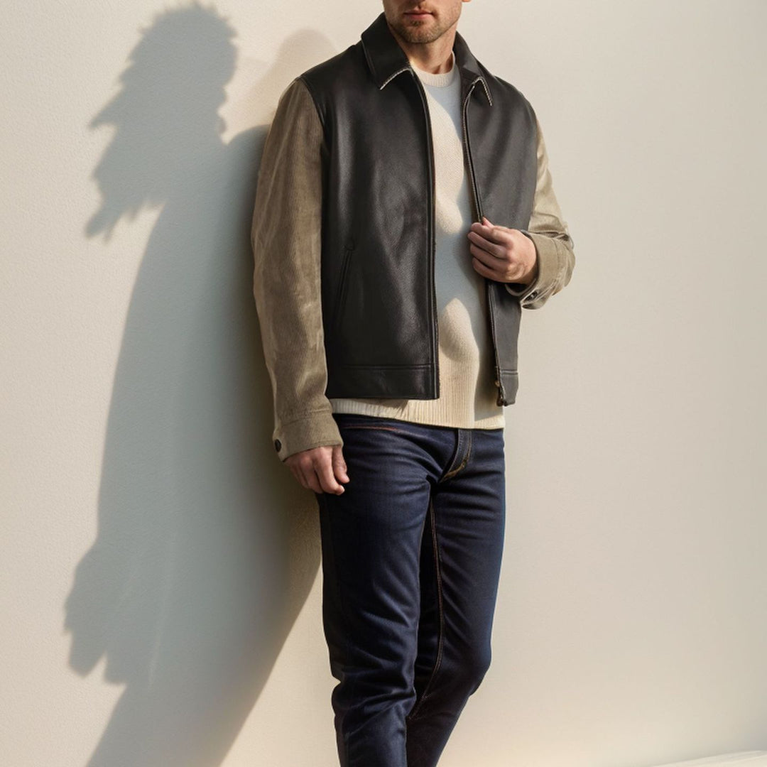 Herren Stilvolle Lederjacke mit Kontrastärmeln Echoarchiv