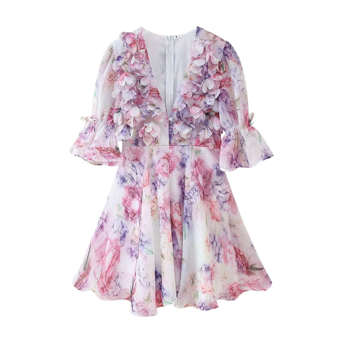 Damen Romantisches Plissiertes Chiffon-Minikleid mit tiefem V-Ausschnitt und Volant-Puffärmeln Echoarchiv