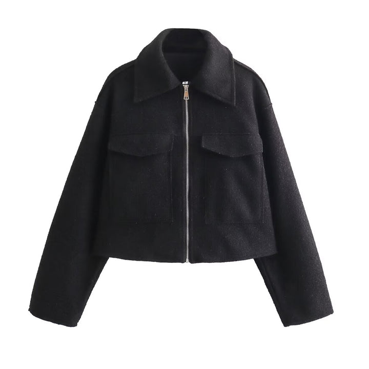 Damen kurzes Cropped Overshirt mit großflächigen Pattentaschen und durchgehendem Reißverschluss – Célinea