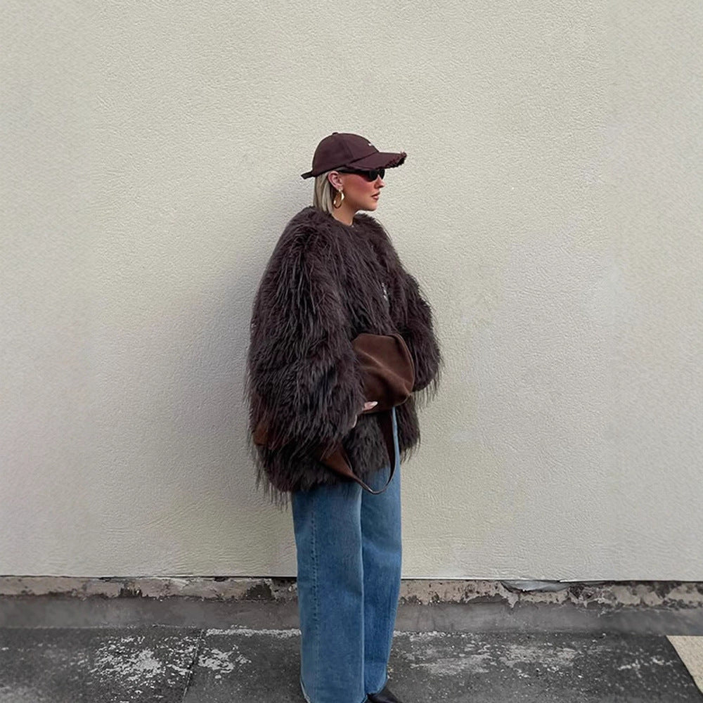 Damen Oversize Kunstpelz‑Mantel mit langfloriger Shag‑Optik und kastiger Silhouette Echoarchiv