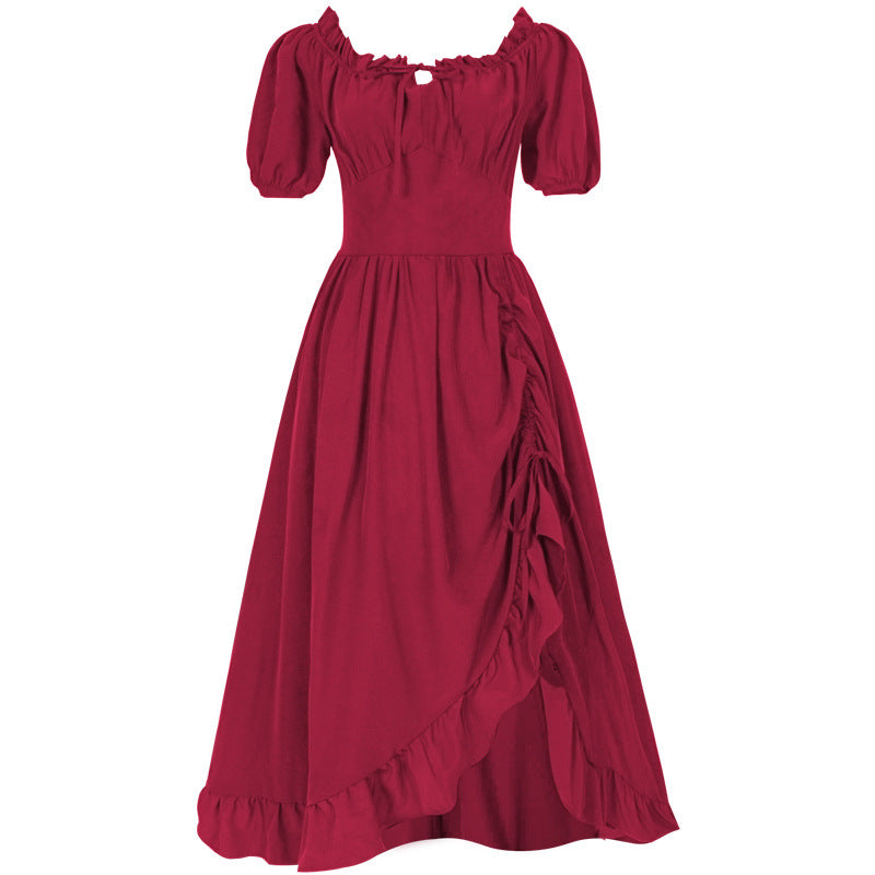 Damen romantisches Maxikleid mit Carmen-Ausschnitt, Puffärmeln, tailliertem Mieder und seitlicher Raffung – Valéora