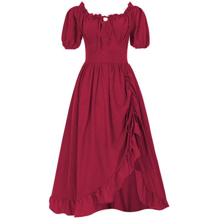 Damen romantisches Maxikleid mit Carmen-Ausschnitt, Puffärmeln, tailliertem Mieder und seitlicher Raffung – Valéora
