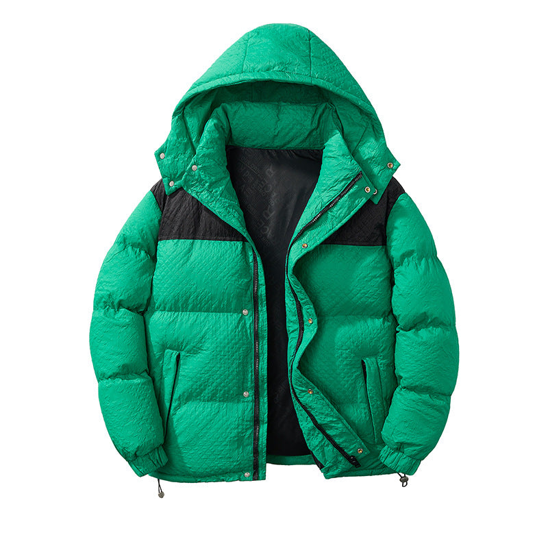 Herren modische Daunenjacke mit Kapuze und kontrastierenden Einsätzen Echoarchiv