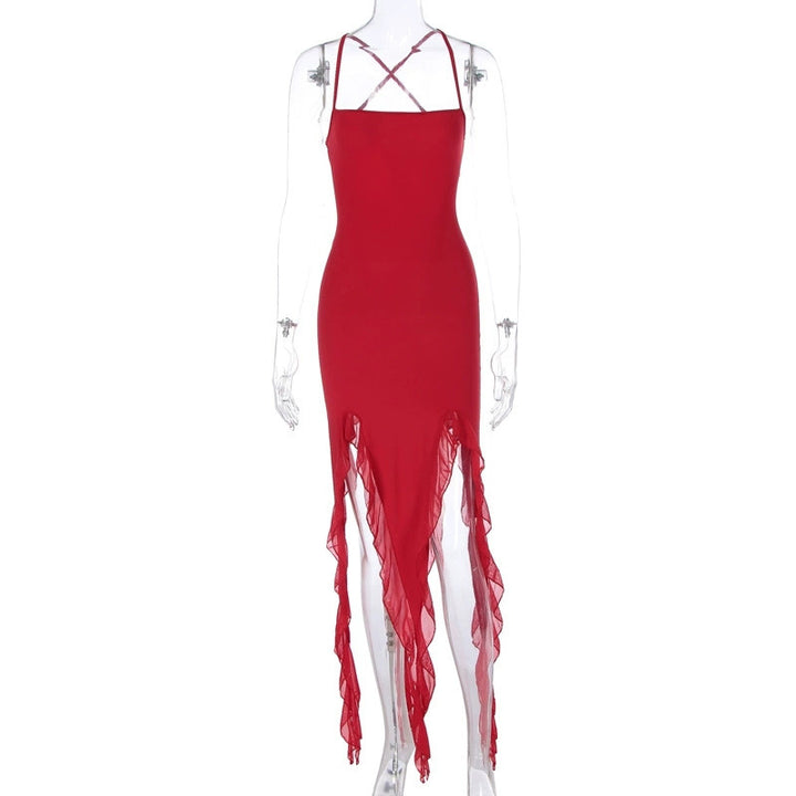 Damen Figurumspielendes Maxikleid mit asymmetrischem Saum und Rüschendetails Echo Archiv