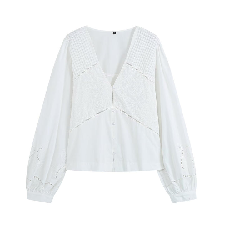 Damen Bestickte V‑Ausschnitt Bluse mit Kellerfaltenpasse und Ballonärmeln Echo Archiv