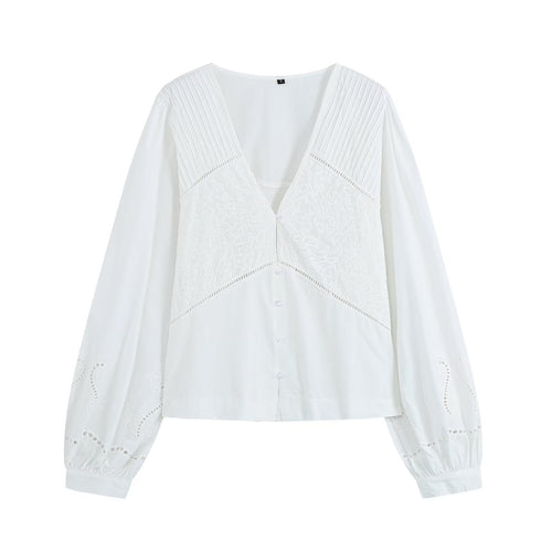 Damen Bestickte V‑Ausschnitt Bluse mit Kellerfaltenpasse und Ballonärmeln Echo Archiv