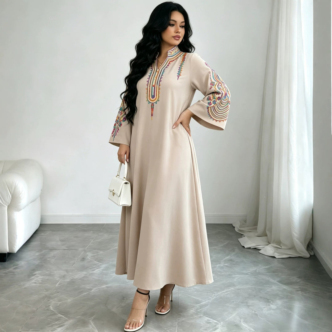Damen Besticktes Maxikleid im Kaftan-Stil mit Stehkragen und Glockenärmeln Echoarchiv