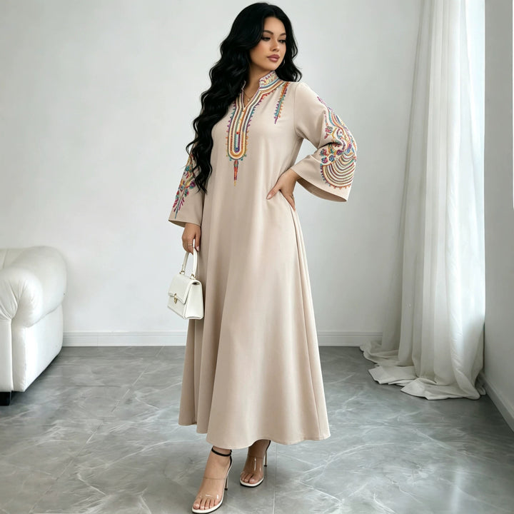 Damen Besticktes Maxikleid im Kaftan-Stil mit Stehkragen und Glockenärmeln Echoarchiv