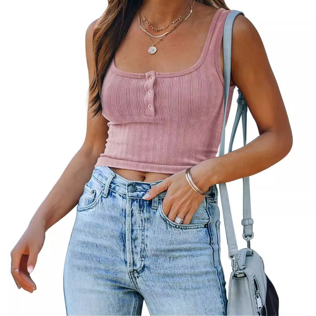 Damen figurbetontes Tanktop mit Knopfdetails und Rippenstruktur Echo Archiv