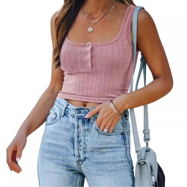 Damen figurbetontes Tanktop mit Knopfdetails und Rippenstruktur Echo Archiv