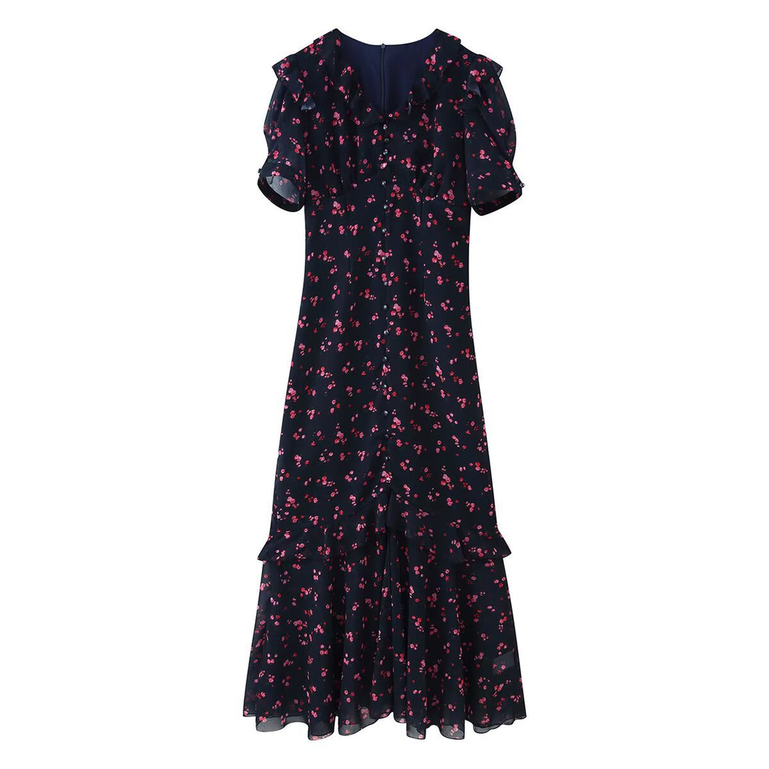 Damen Maxikleid mit Volants, V-Ausschnitt und floralem Chiffon-Look Echoarchiv
