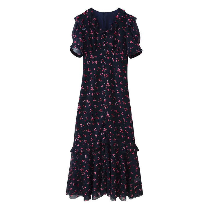 Damen Maxikleid mit Volants, V-Ausschnitt und floralem Chiffon-Look Echoarchiv