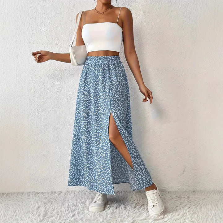 Damen Maxirock mit elegantem Schlitz und floralem Muster Echoarchiv