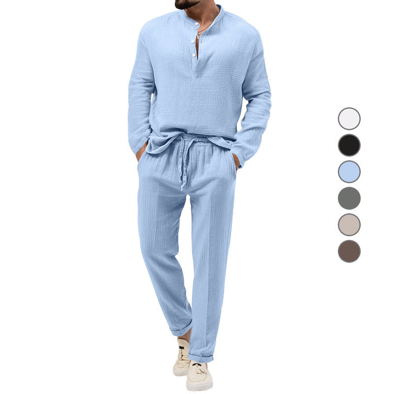 Herren Lässiges Zweiteiliges Lounge-Set aus Baumwoll-Gauze mit Henley-Oberteil und Tunnelzug-Hose Echoarchiv