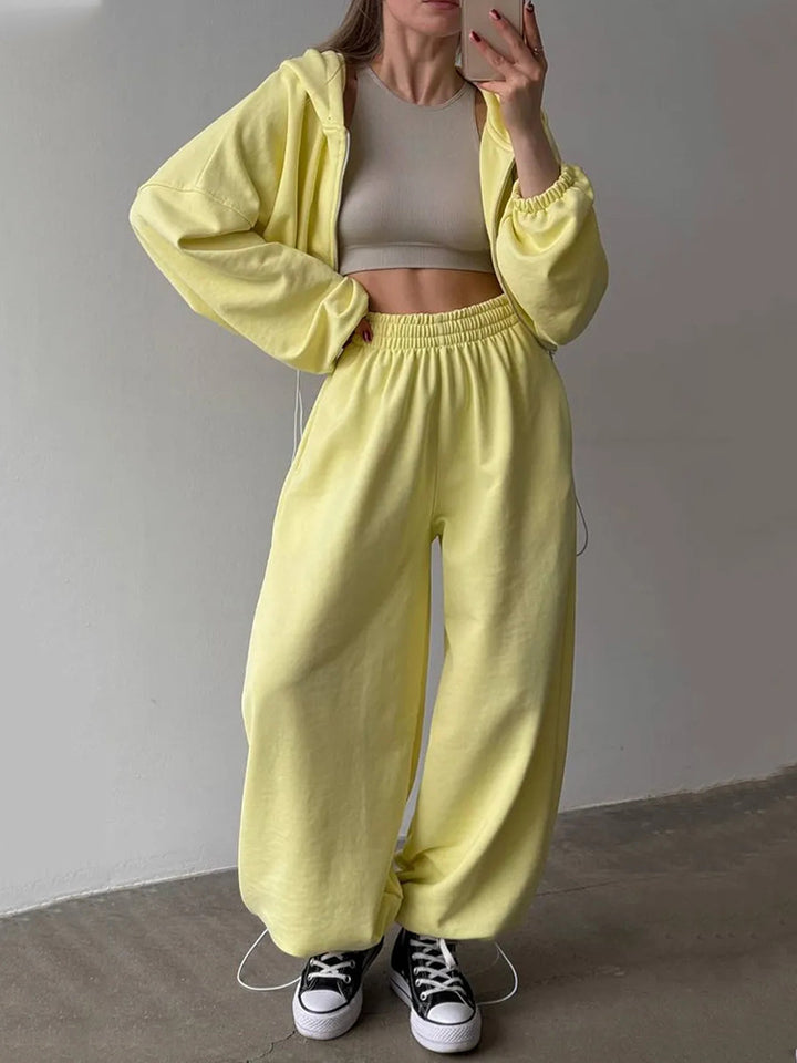 Damen nan kurzes Reißverschluss-Cropped-Hoodie und weitgeschnittene Highwaist-Loungehose Set Echo Archiv