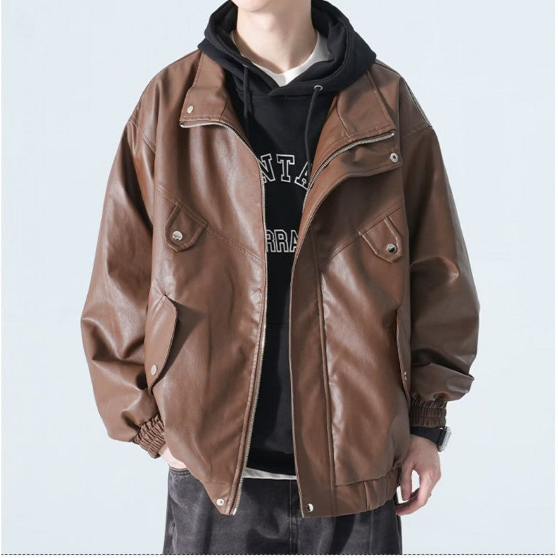 Herren Oversize Kunstleder-Bomberjacke mit Stehkragen, Pattentaschen und elastischem Saum Echo Archiv
