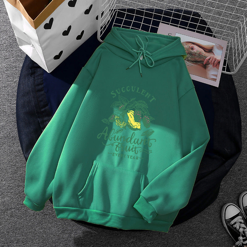 Damen Kapuzenpullover im Relaxed-Fit mit botanischer Frucht-Illustration und Kängurutasche – Auréline