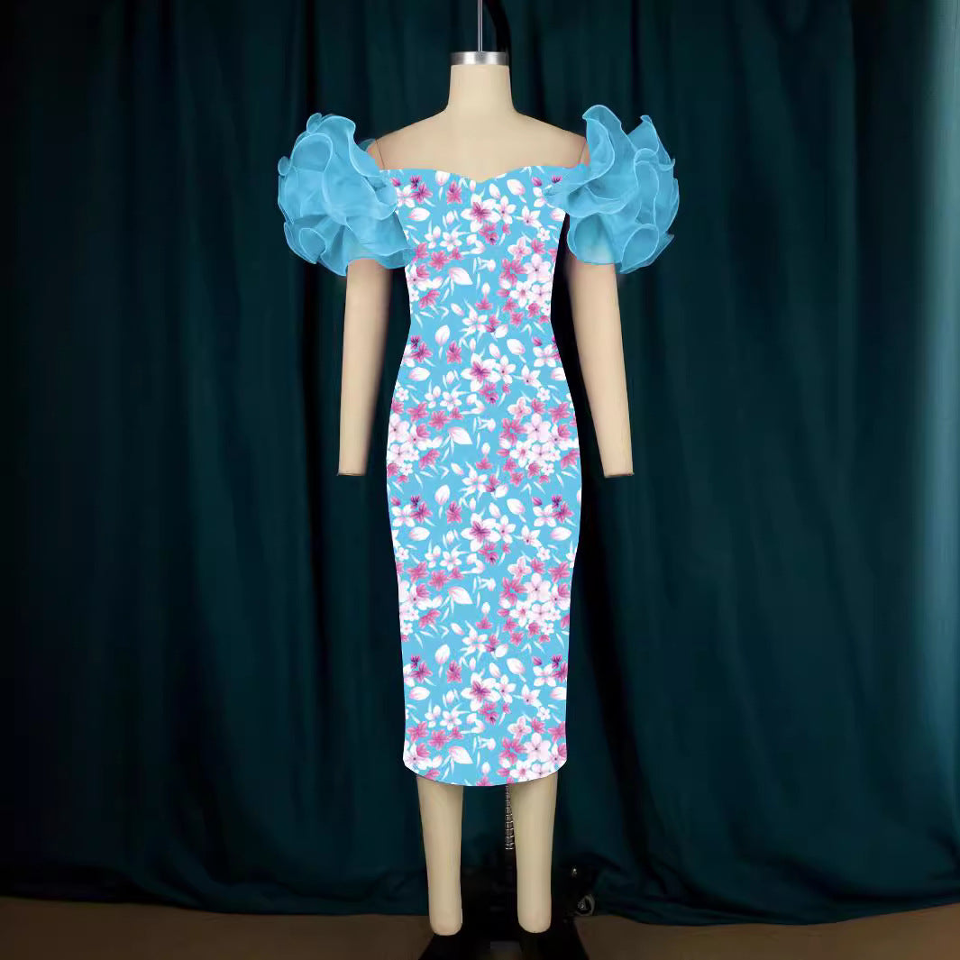 Damen Elegantes Midi-Kleid mit innovativen Puffärmeln und kunstvollem Druck Echo Archiv