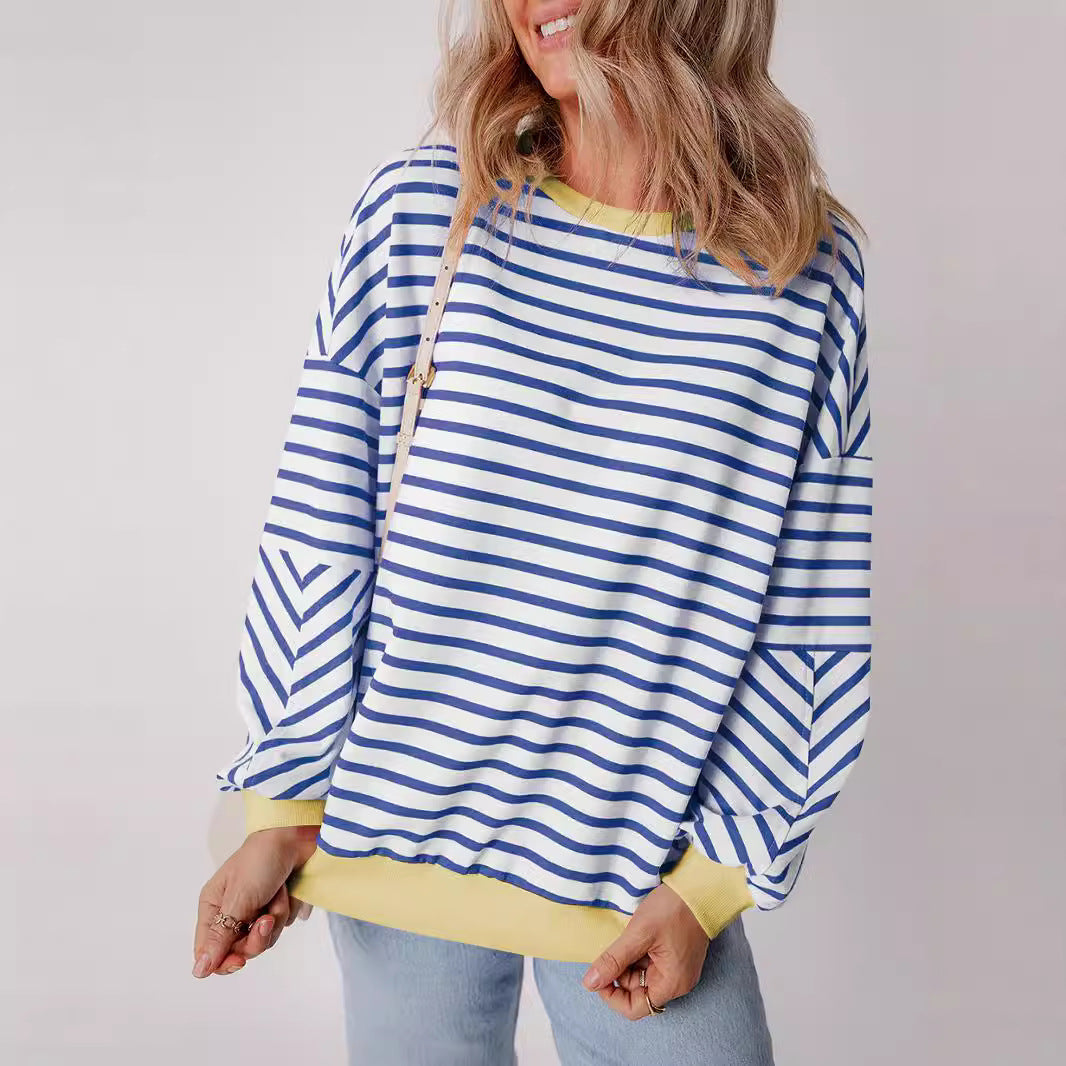 Damen lässiges gestreiftes SwEchoarchivtshirt mit Boxy-Schnitt und kontrastierenden Abschlüssen Echoarchiv