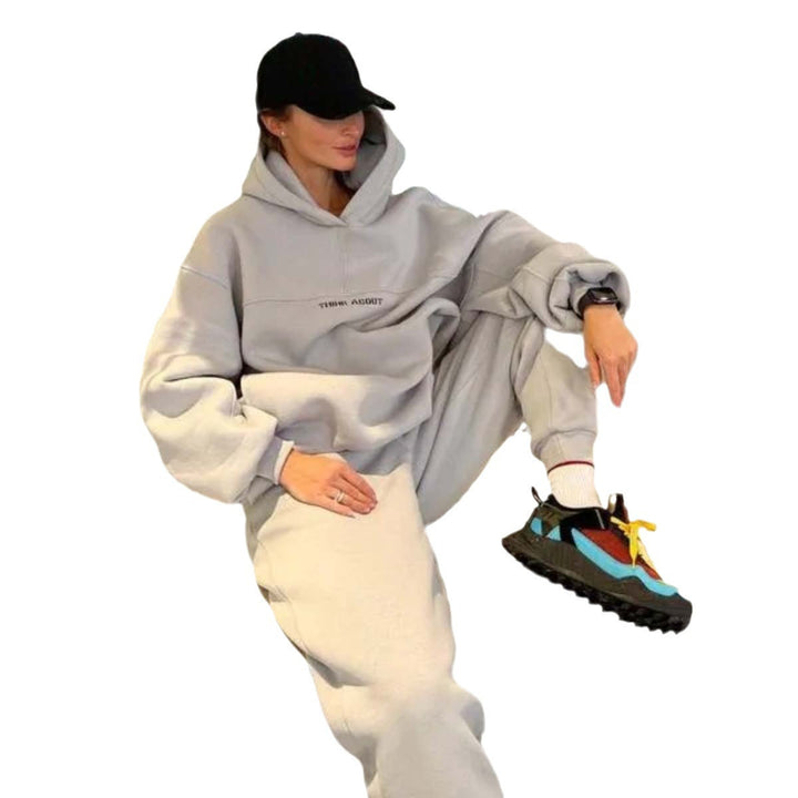 Damen Oversized Kapuzenpullover mit Statement-Print und elastischer High-Waist Jogginghose Set – Auréline
