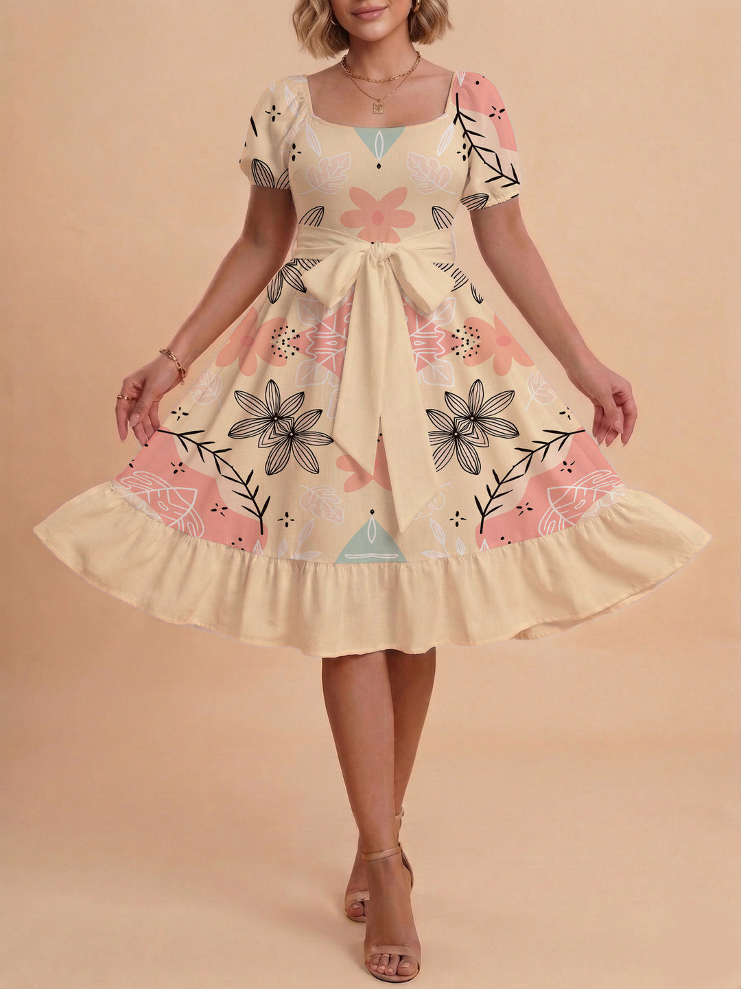 Damen Sommerkleid mit floralem Puffärmel und taillierbarem Gürtel Echo Archiv