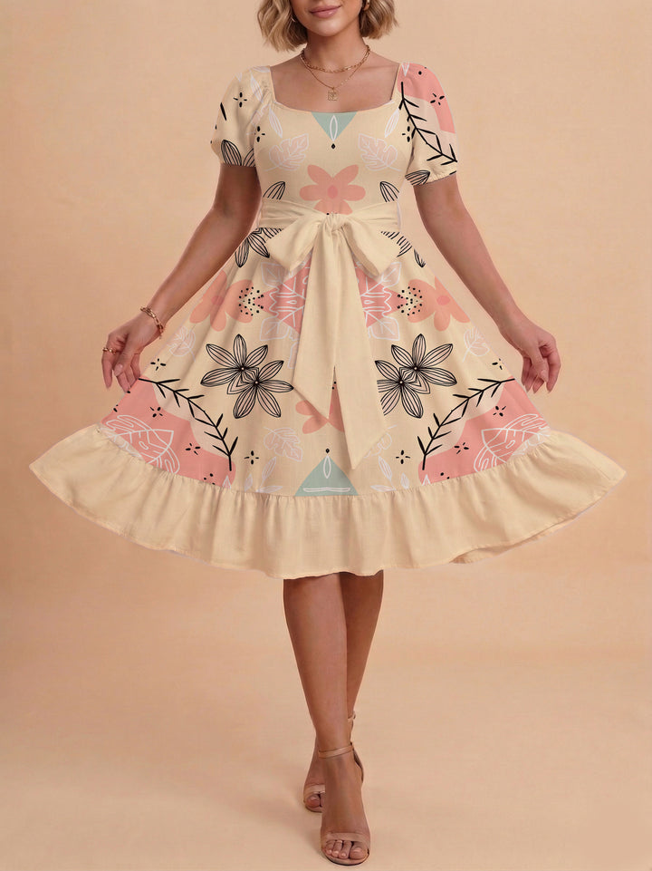 Damen Sommerkleid mit floralem Puffärmel und taillierbarem Gürtel Echo Archiv