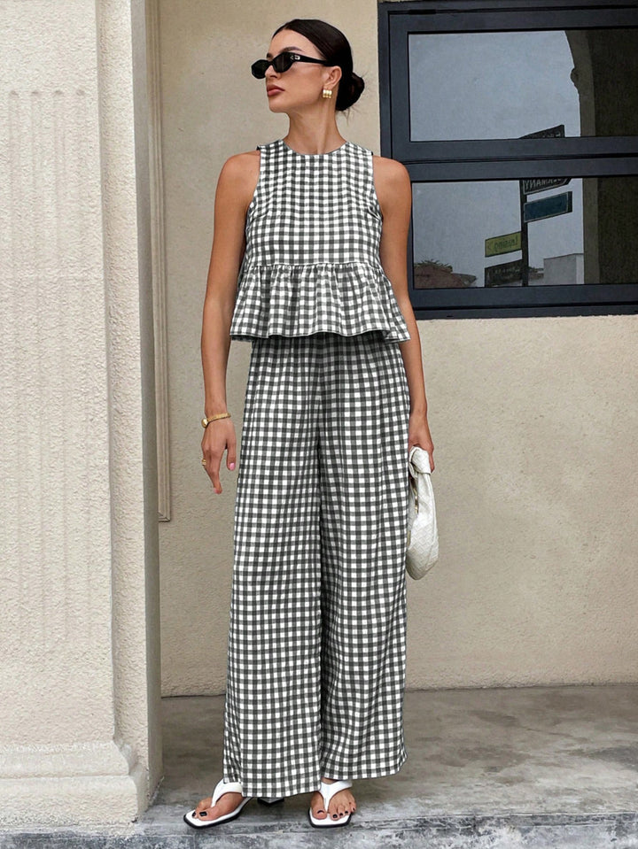 Damen Zweiteiliges Vichy-Karo-Set mit tailliertem Volanttop und weiter Palazzo-Hose Echo Archiv