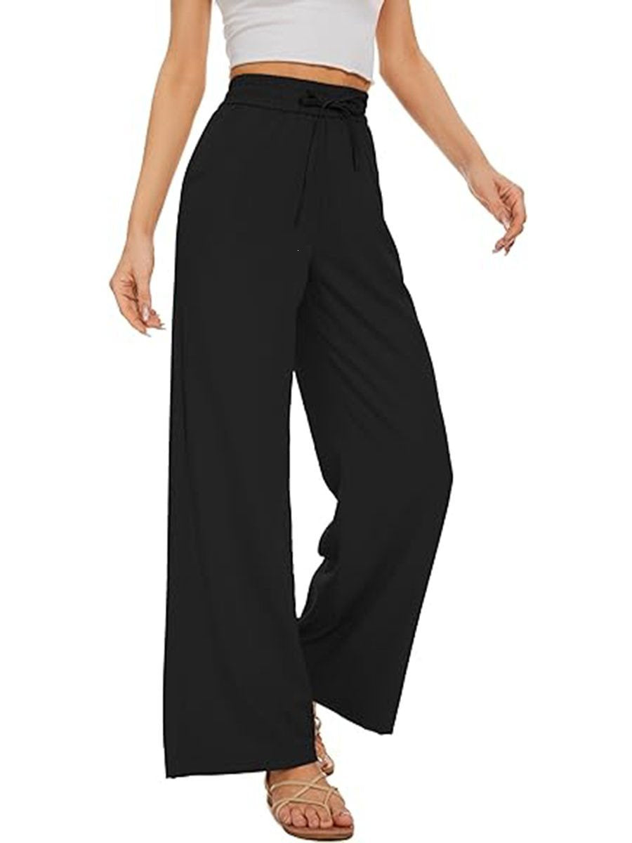 Damen Weite Leinenhose mit hohem elastischem Bund, Kordelzug und Eingrifftaschen Echo Archiv