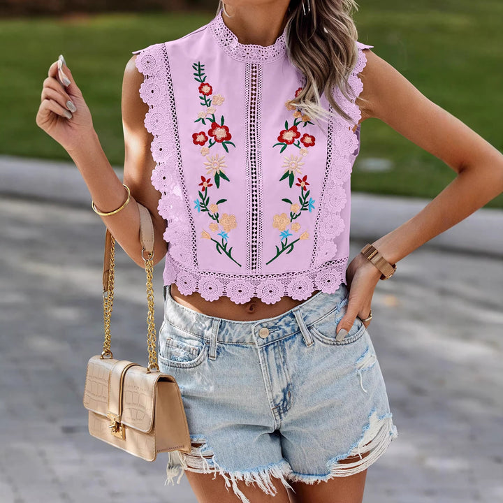 Damen Besticktes Spitzen-Cropped-Top mit Stehkragen und Häkelkanten Echo Archiv