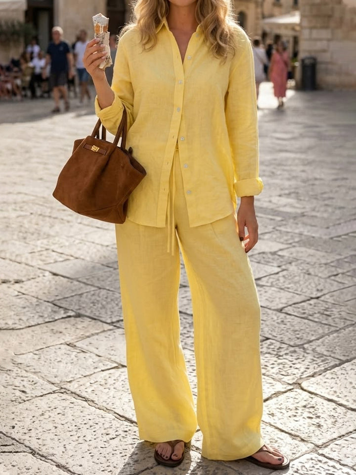 Damen Hochtalige Palazzo-Leinenhose mit weitem Bein und Tunnelzug – Avélisse