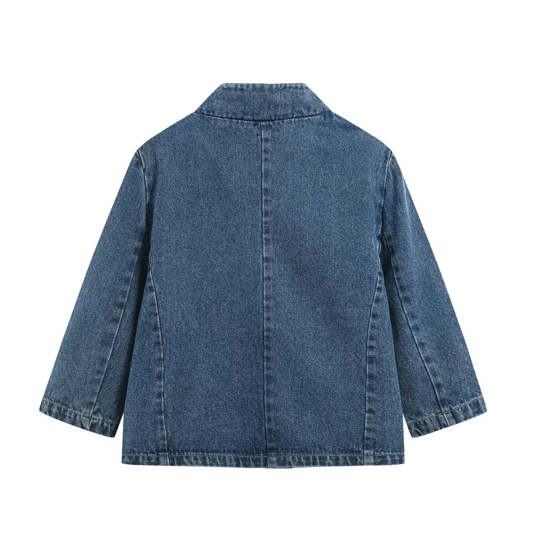 Damen Denim-Set aus boxiger Jacke mit Stehkragen und hochgeschnittener Schlaghose Echo Archiv