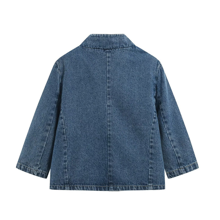 Damen Denim-Set aus boxiger Jacke mit Stehkragen und hochgeschnittener Schlaghose Echo Archiv